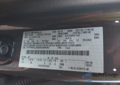 2025 Ford F-150 Xlt z USA, uszkodzony, nr VIN 1FTFW3L55SKD49583